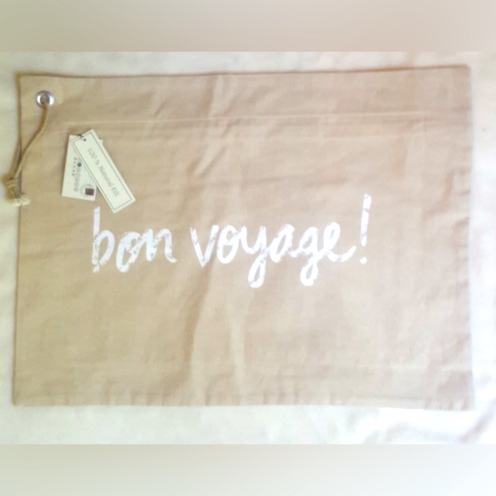 NWT, Linen Pillow Cover that reads “Bon Voyage” in white, 16x22” w/ zip closure